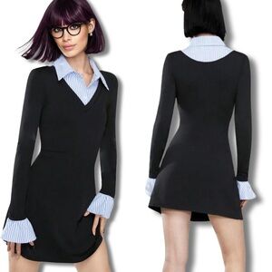 Black Long Sleeve Dress with Striped Collar